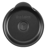 This black disc-shaped drink lid has its opening in the middle for a straw and its logo, "Klean Kanteen" above the opening.