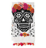 This festive sugar skull tea towel is black with white outline and has pretty orange and pink flowers on its head and below it with vines all around it. Shown folded.