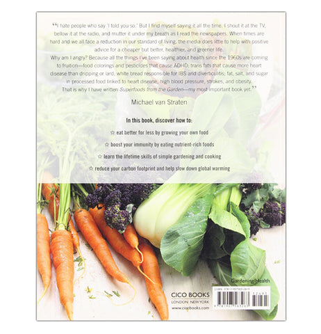 Back cover of the book shows vegetables fresh from the garden