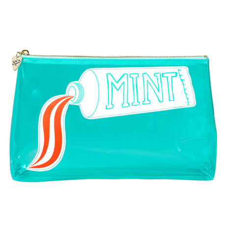 An aquamarine bag with a picture of a toothpaste squirting out toothpaste.