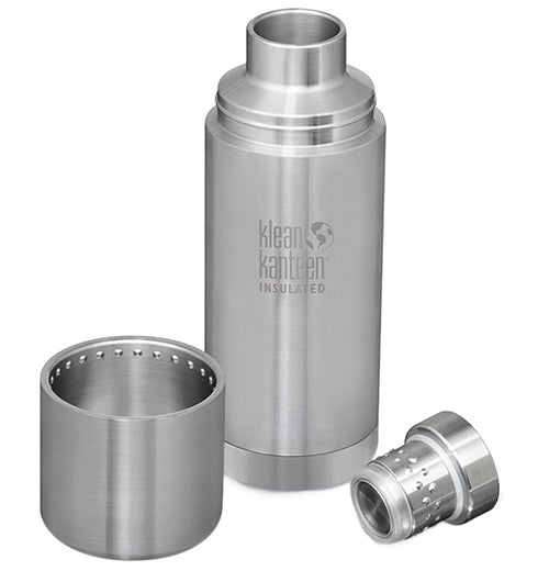 A steel water bottle. The lid is taken apart and is sitting to the left and right.