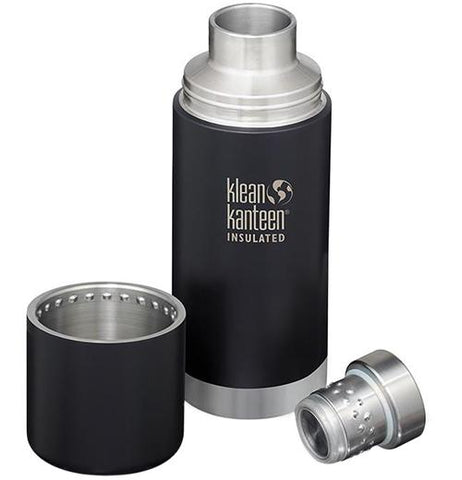 A steel water bottle with a black middle and lid. The lid is taken apart and is sitting to the left and right.