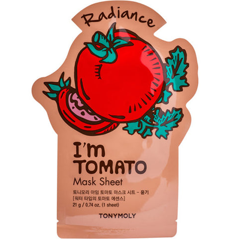 A red eye mask package has a picture of a tomato with green leaves and stem and a tomato slice with green leaves in the middle. It reads "Radiance I'm TOMATO Mask Sheet TONYMOLY," with an Asian language text underneath.