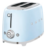 a pastel blue colored toaster with 2 slots on top, on the right side of the word SMEG. the front has a slider and bellow it are two buttons, one has a snowflake, the other a heat symbol, between them is a knob that controls the cooking.