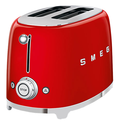 a red colored toaster with 2 slots on top, on the right side of the word SMEG. the front has a slider and bellow it are two buttons, one has a snowflake, the other a heat symbol, between them is a knob that controls the cooking.
