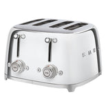 a stainless steel toaster with 4 slots on top, on the right side of the word SMEG. the front has 2 sets of sliders and below them are two sets of buttons, one has a snowflake, the other a heat symbol, between each set is a knob that controls the cooking.