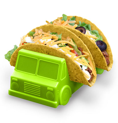 Green taco truck holder shaped like a jeep holding two fully loaded tacos