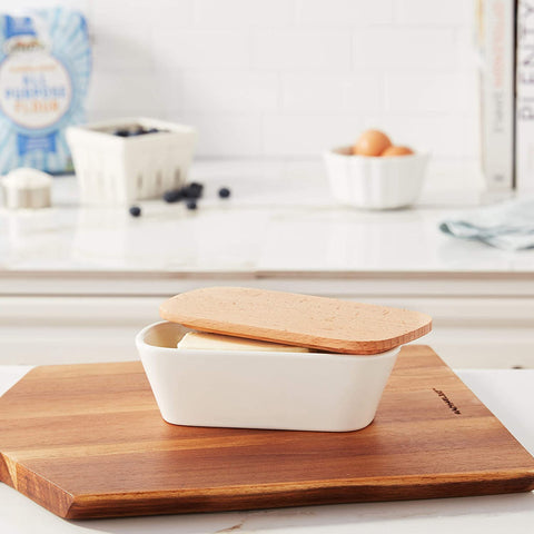 Butter Dish, Ceramic And Beechwood