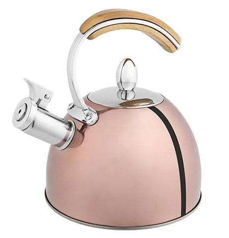 This tea kettle has a steel lid and spout, golden basin, and wooden bamboo handle to it.
