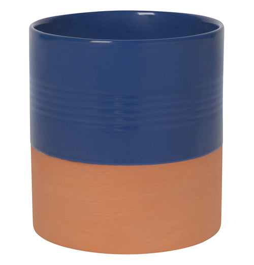 Navy blue glazed and brownish-red terracotta kitchen utensil crock.