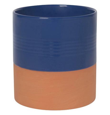 Navy blue glazed and brownish-red terracotta kitchen utensil crock.