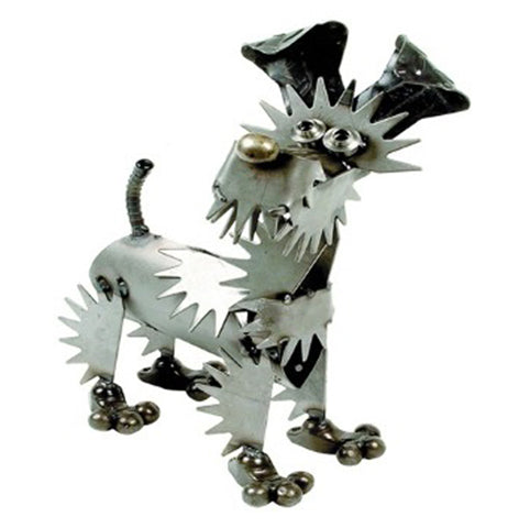This metal sculpture is of a terrier dog with long hair, a short tail, and large ears.