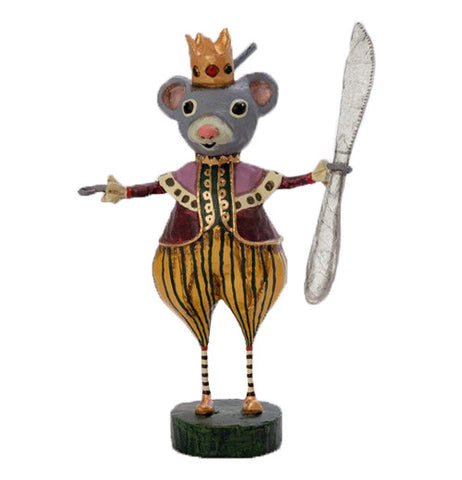 Nutcracker Mouse King figurine with a yellow crown wearing a purple yellow and black outfit and holding a knife