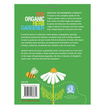 The back of the Organic Herb Gardener book has descriptions and an illustration of a daisy and a bee.