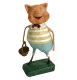 A "Three Little Pigs" figurine holding a basket wearing blue pants and yellow and white striped shirt with a red bow tie standing on a green pedestal over a white background.
