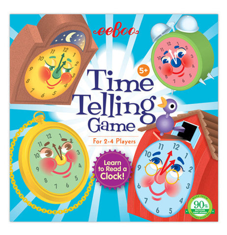 The front of the "Time Telling" Educational Game has the illustration of four different time clocks that teaches you to learn time. 