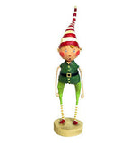 This is a rosy-cheeked male elf figurine wearing a green shirt and tights along with a red and white striped elf hat.