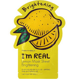 A yellow eye mask package has a picture of a lemon with green leaves and a lemon slice in the middle. It reads "Brightening TONYMOLY I'm REAL Lemon Mask Sheet Brightening," with an Asian language text underneath.