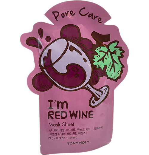 A purple eye mask package has a picture of a wine glass filled with red wine and red grapes with green leaves. It reads "Pore Care TONYMOLY I&