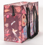 The side of the "Flamingo" Shoulder Tote Bag features a dragonfly and a hummingbird. 