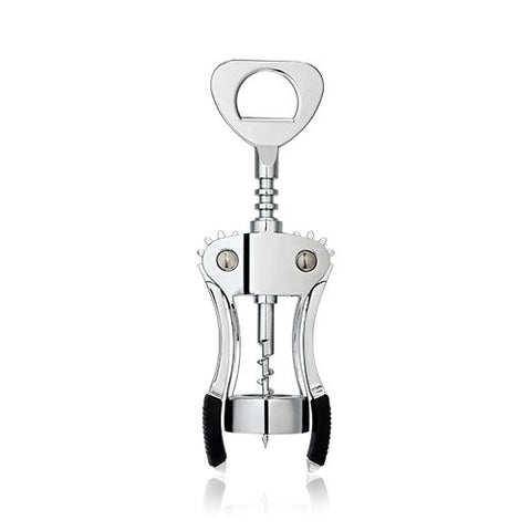 Silver colored "Spiral Winged" corkscrew with black tipped wings over a white background.