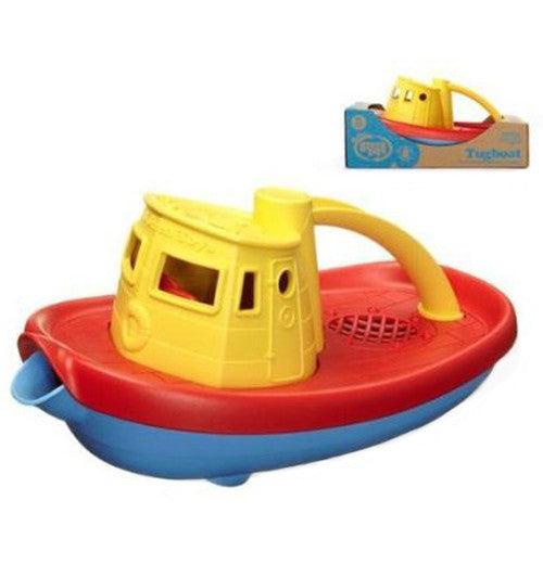 Yellow red and blue Toy Tug Boat made from recycle materials