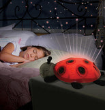 The ladybug toy is shown lying on a child's nightstand, lit up so as to act as the child's night light.