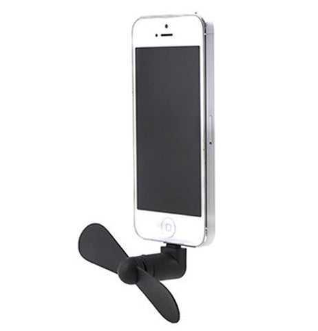The black phone fan is shown plugged into a phone.  