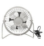 This silver metal fan has a USB port and cable to be plugged into a laptop or desktop computer.