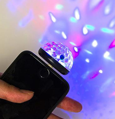 The "iPhone Disco Light" is shown lighting up in shades of purple, white, pink, and blue.