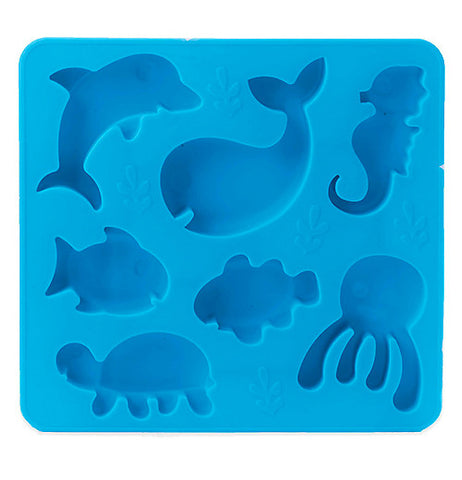 This blue ice tray features different stencil shapes of different ocean animals. The shapes include a dolphin, whale, seahorse, two fish, a jellyfish, and a turtle.