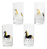 4 Unicorn glasses two of them are yellow white and grey, the others are black, yellow and grey, one unicorn on each glass.