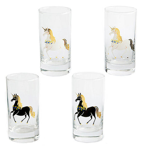 4 Unicorn glasses two of them are yellow white and grey, the others are black, yellow and grey, one unicorn on each glass.