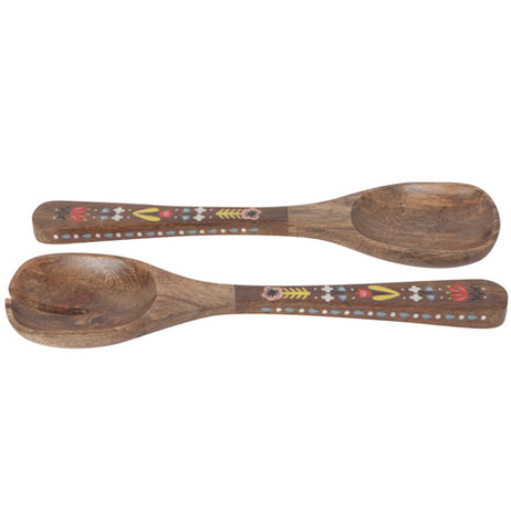 The Wood "Frida Mango" Salad Server sits, horizontally, at each other. 