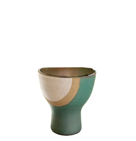 Vase, Ceramic, Short, White, Tan and Turquoise