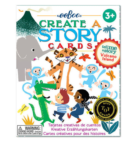 there's a girl and boy playing ring around the rosies with three blue monkeys, a lion and an alligator while an elephant looks on, theirs a volcano in the background and a sparse bits of plants around the cover