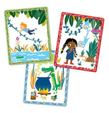 three cards from the game, one has a boy swinging on a vine over water, the second has a girl talking to some blue monkeys who are hanging from a vine with a pineapple next to them, and the last has an alligator stirring a giant caldron over a fire with various foods in front of it