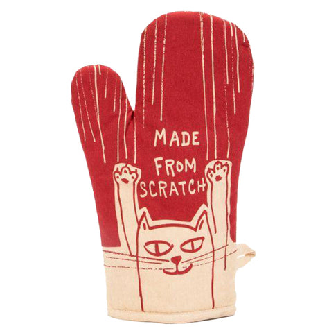 A red oven mitt shows a cat sliding down the length making scratch marks, as well as features the title "Made from Scratch."