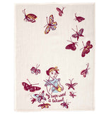 The  dish towel showing a design of a woman in a blue shirt, eating Chinese food with butterflies surrounding her.  The words "My safe word is takeout" are immediately beneath her.