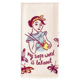 The "Safe Word is Takeout'' dish towel has the close-up design of a woman eating Chinese food in a container surrounded by butterflies with the red message below that says, "My Safe Word is Takeout".