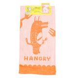 This white dish towel has the close-up design of an orange wolf holding a knife and fork with the word below that says, "Hangry" in orange lettering.