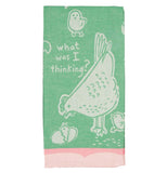 This green and pink cotton dish towel has a design of white chickens and hatched eggs. Two chicks are shown with the mother hen hatching her third chick. Above the mother hen are the words, "What Was I Thinking?" in white lettering.