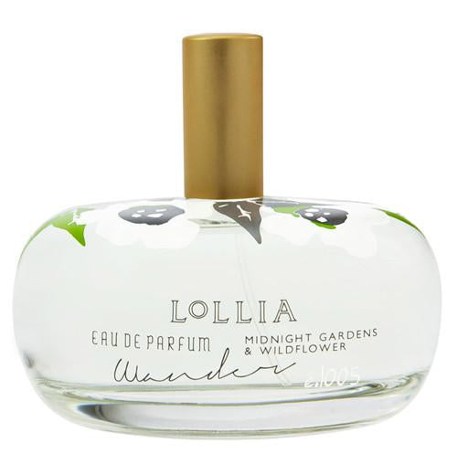 The "Wander" Perfume is in a clear bottle with a gold top.