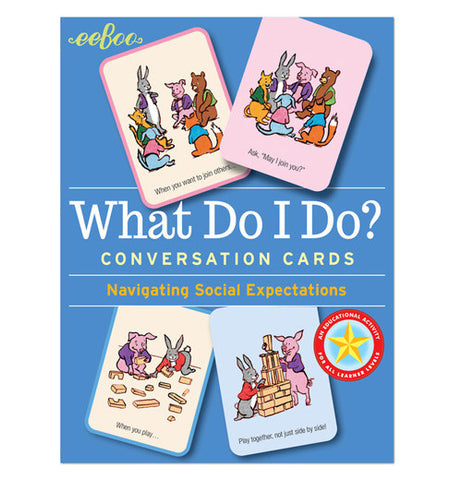 The "What Do I Do?" Conversation Flash Cards has illustrations and instructions on the cards against the blue background.   