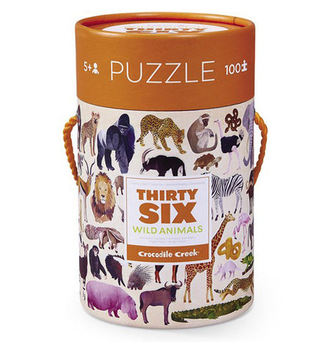 The "36 Wild Animals" Puzzle with 100 pieces are packed in a canister with an orange lid on top. 
