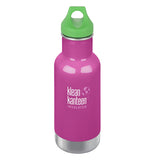 The magenta steel bottle with white klean kanteen logo and a green loop cap.