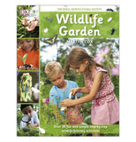 This green book shows a photograph of a boy and girl planting pink flowers in a garden. To the left of the main photo are different small photos of children in gardens. Above the main photo, in white lettering, are the words, "Wildlife Gardening".