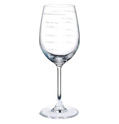 An empty wine glass with measurements on both sides of the glass, one side is in cups the other is in "sips".
