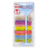 Different colored wine tags each with their own word to describe wines in their packaging.