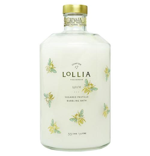 Bubble bath is a white bottle with a gold lid and says "Chapter 17 Lollia Wish Sugared Pastille Bubbling Bath."